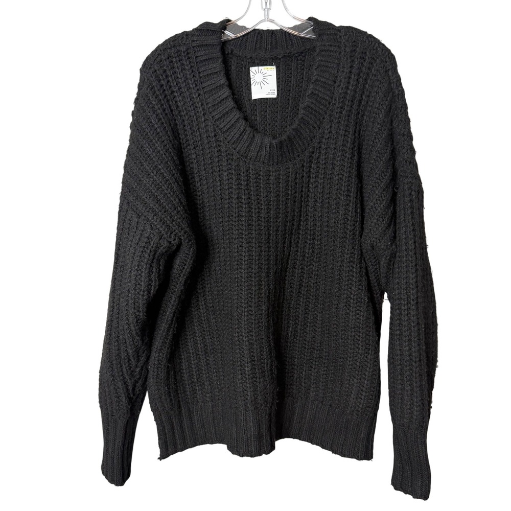 Offline by Aerie Sweater Womens Medium Black V-Neck Chunky Knit Thumbhole Slouch